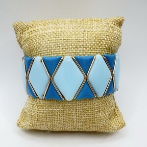 Vintage West Germany Cuff Bracelet Expandable Geometric Blue Glass Silver Tone